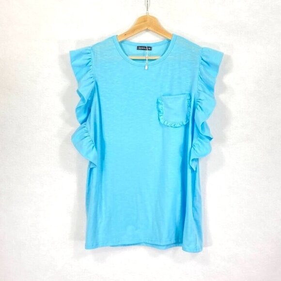 🔥 3/$15 🔥 NWOT Short Ruffle Sleeve Small Pocket T-Shirt Whimsical Y2K Blue M - Picture 1 of 5